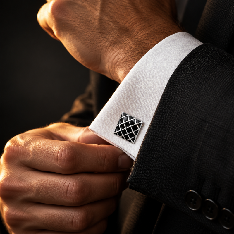 Square Silver-Tone Cufflinks with Black Enamel Grid Pattern