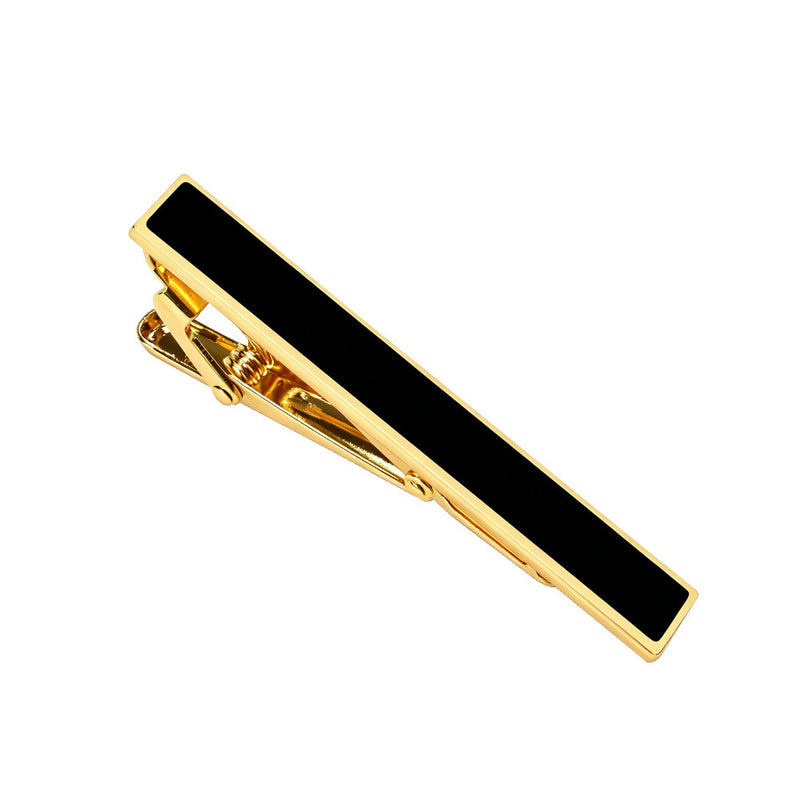 Gold-tone tie clip with black enamel inlay and spring hinge clasp