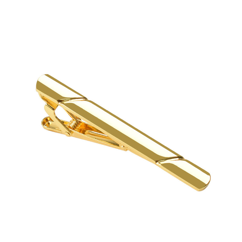 Gold-tone stainless steel tie clip with a polished finish and beveled ends