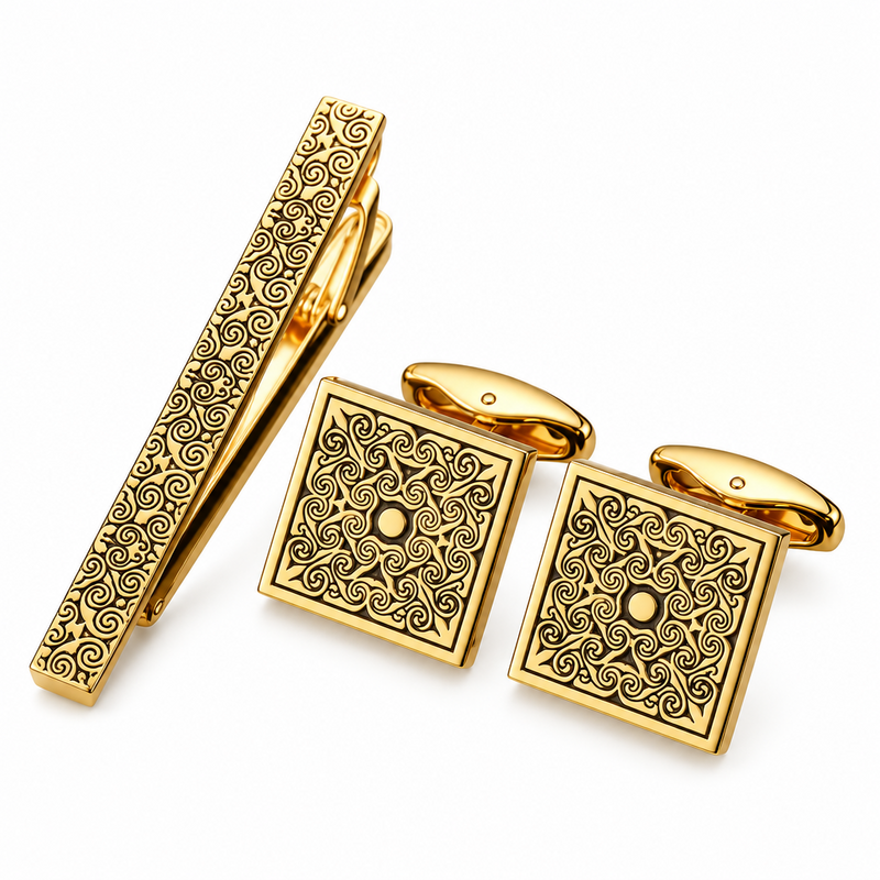 Gold-Tone Scrollwork-Engraved Square Cufflink Set