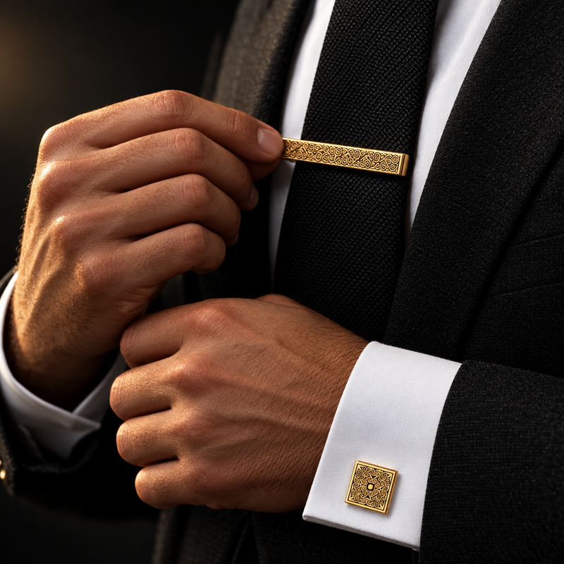 Gold-Tone Scrollwork-Engraved Square Cufflink Set