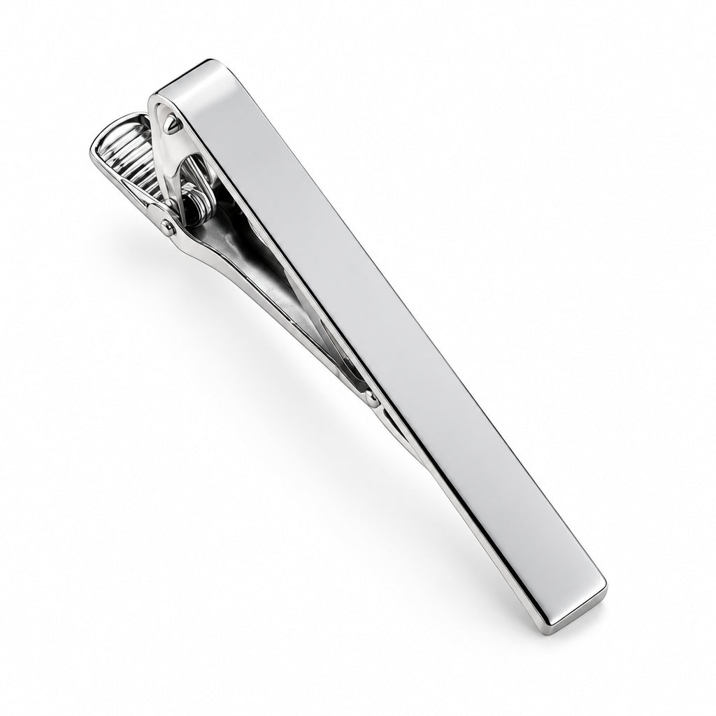 Silver-tone metal tie clip with a polished finish and beveled edge