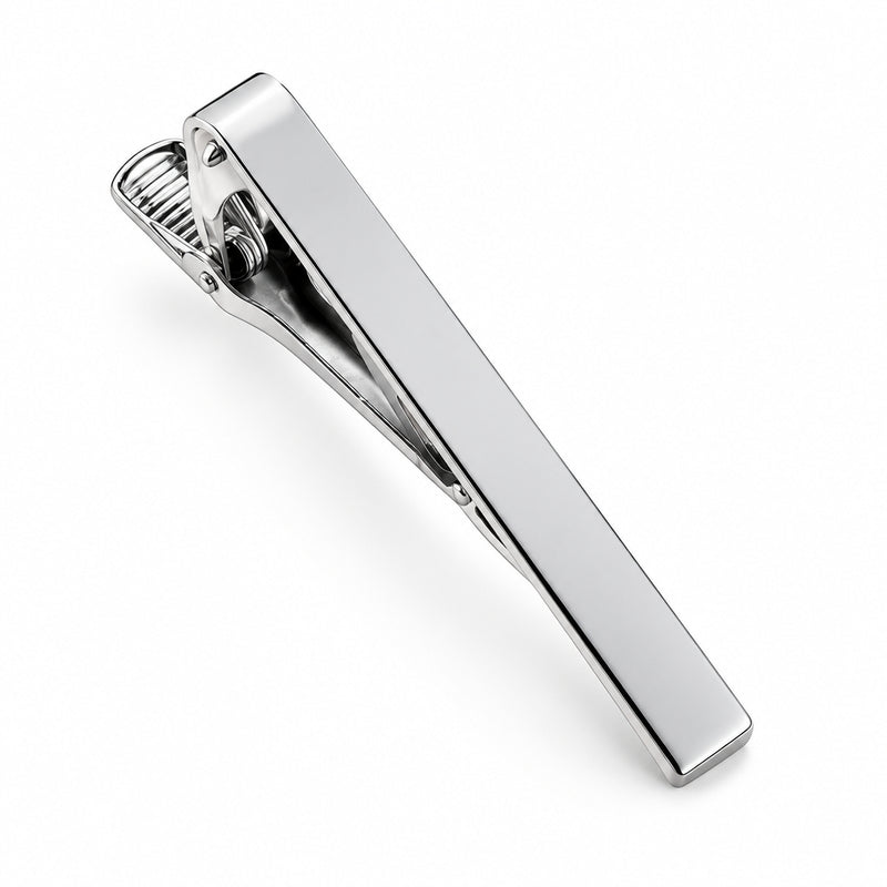 Silver-tone metal tie clip with a polished finish and beveled edge
