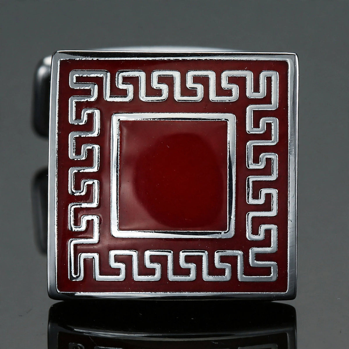 Red Enamel and Greek Key Border Cufflinks