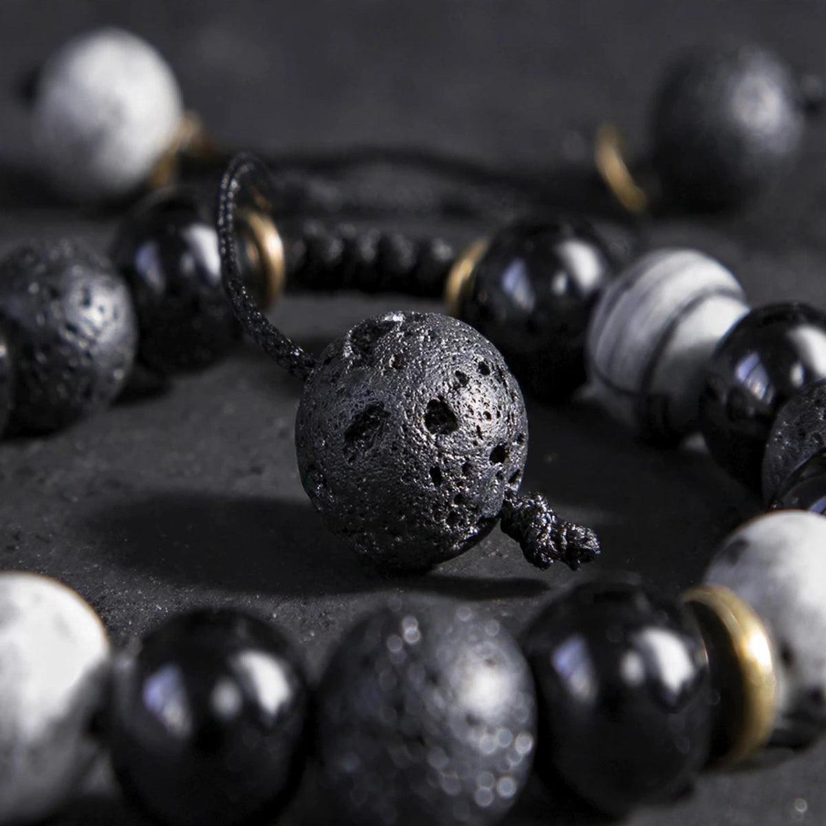 Men's Matte Lava Stone And Polished Agate Bracelet