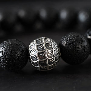 Lava Bead Bracelet With Scale-Engraved Silver-Tone Bead