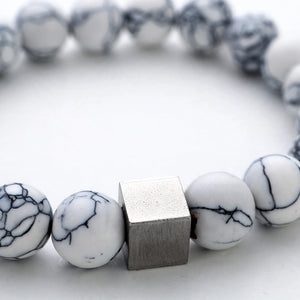 White Marble-Effect Bead Bracelet with Matte Cube