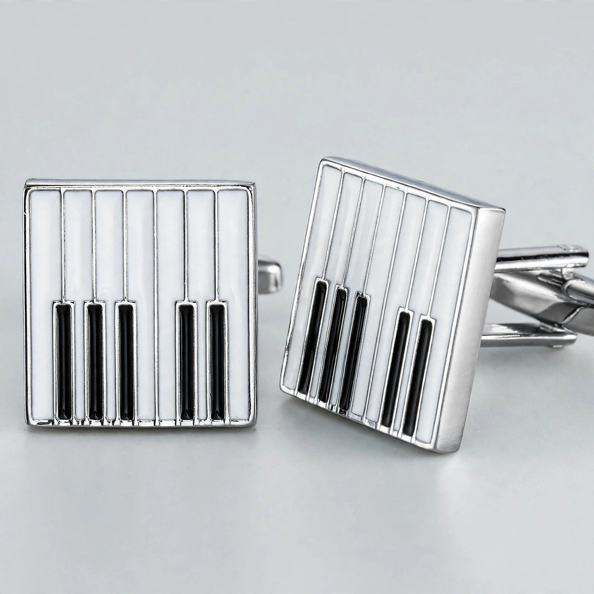 Silver-Tone Cufflinks with Piano Key Enamel Pattern