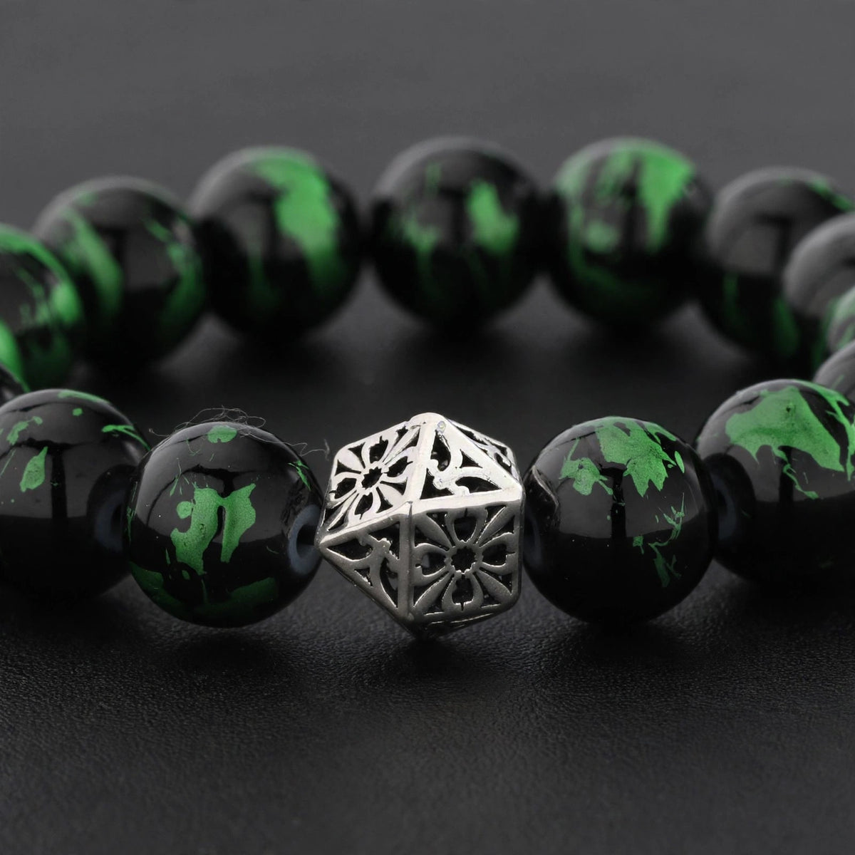 Black and Green Bead Bracelet with Openwork Silver-Tone Bead