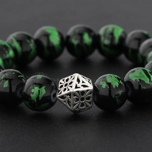 Black and Green Bead Bracelet with Openwork Silver-Tone Bead