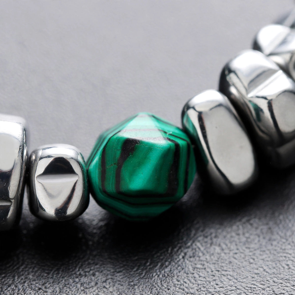 Malachite-Stone Bead and Steel Nugget Men's Bracelet
