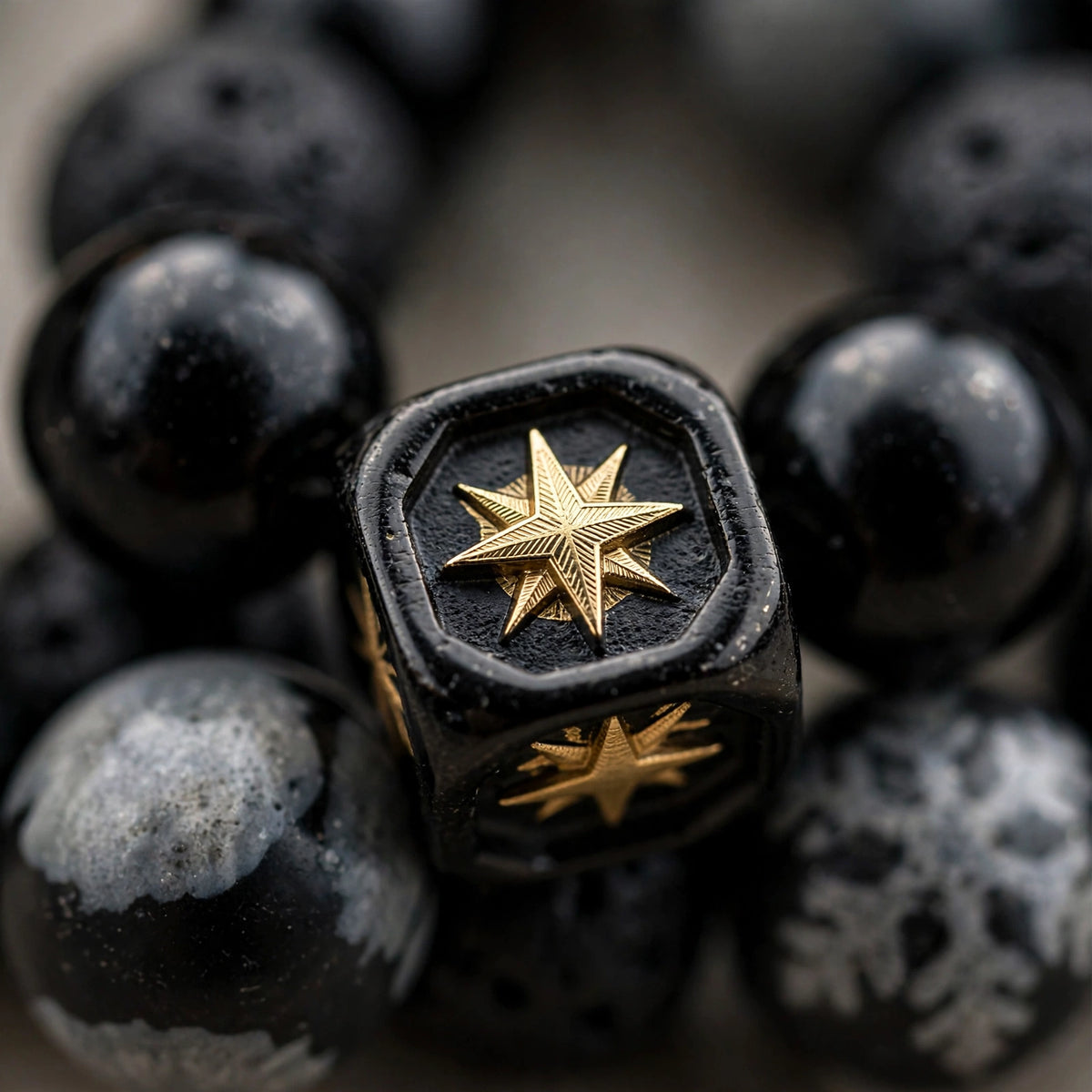 Beaded Stone Bracelet with Engraved Compass Cube