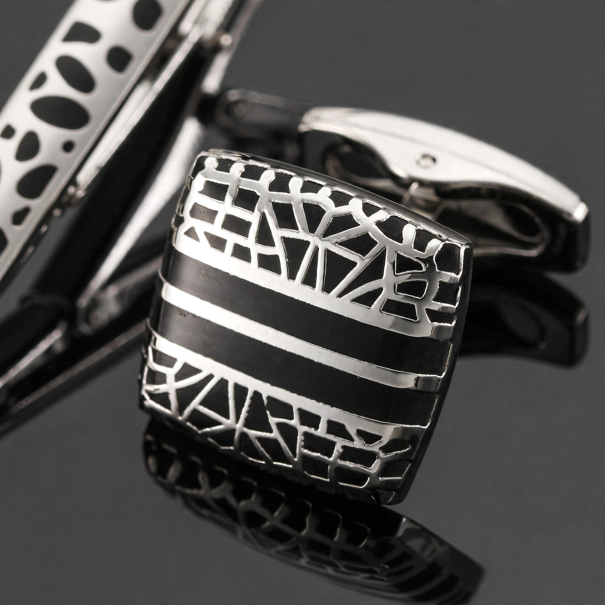Silver-Tone Geometric Enamel Cut-Out Cufflink and Tie Clip Set