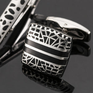 Silver-Tone Geometric Enamel Cut-Out Cufflink and Tie Clip Set