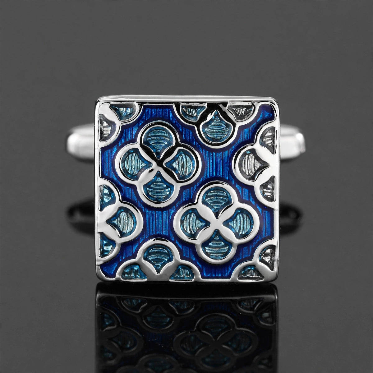 Silver-Tone Tie Clip and Cufflink Set with Blue Enamel Quatrefoil