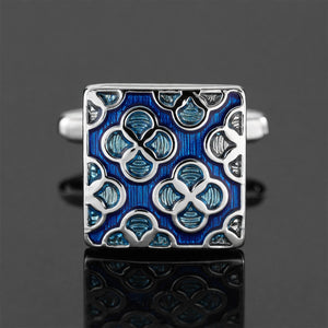 Silver-Tone Tie Clip and Cufflink Set with Blue Enamel Quatrefoil