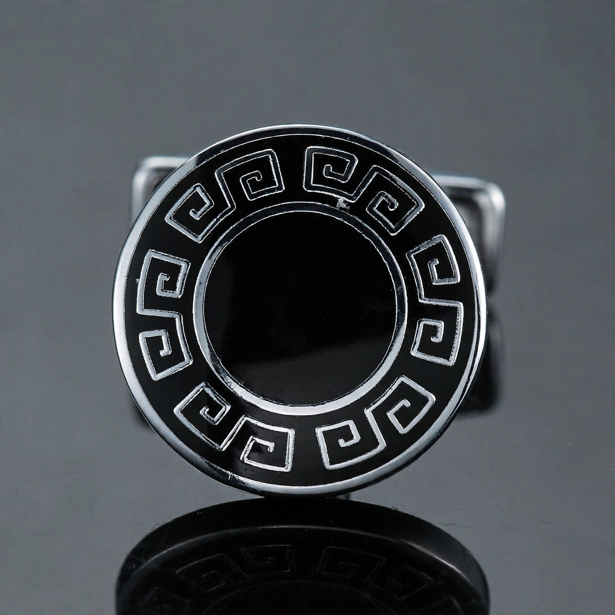 Silver-Tone Cufflinks with Black Enamel Greek Key Border