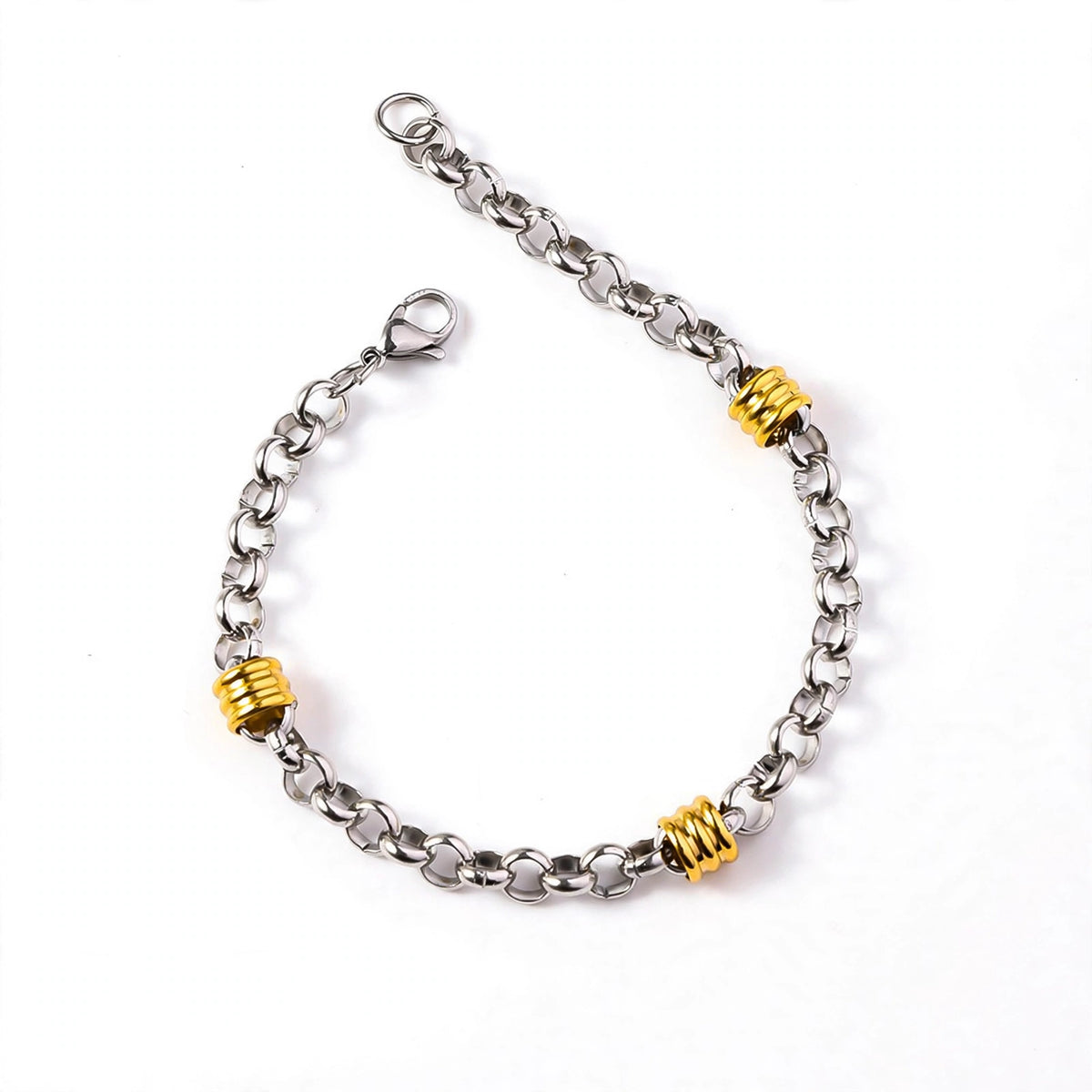 Silver-Tone Chain Bracelet with Gold-Tone Barrel Accents