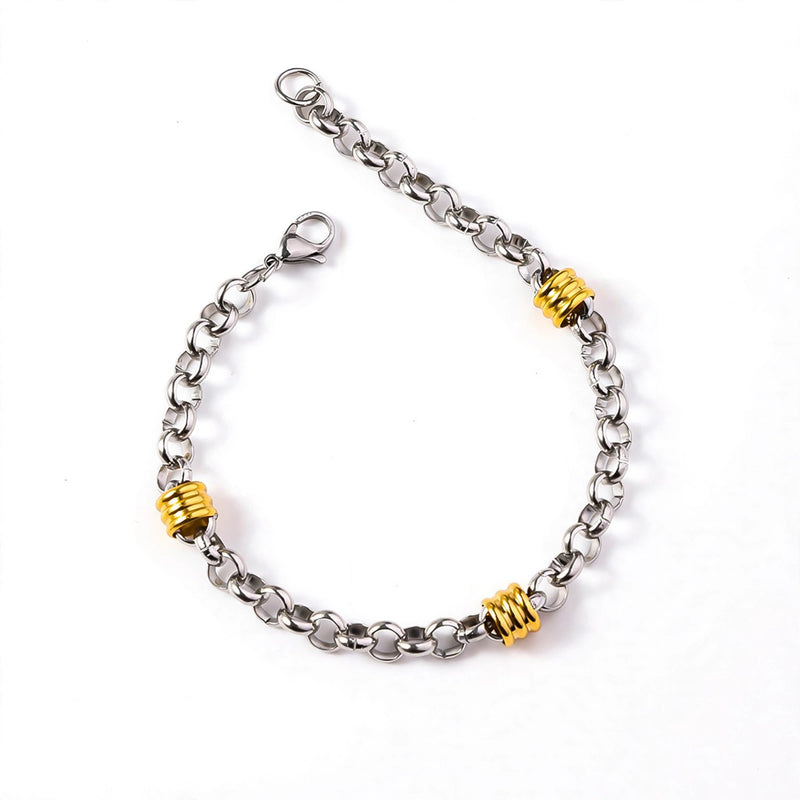 Silver-Tone Chain Bracelet with Gold-Tone Barrel Accents