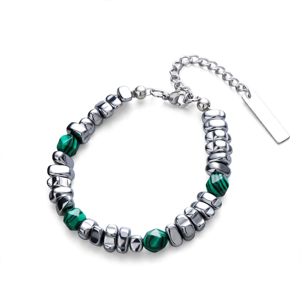 Malachite-Stone Bead and Steel Nugget Men's Bracelet