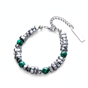 Malachite-Stone Bead and Steel Nugget Men's Bracelet