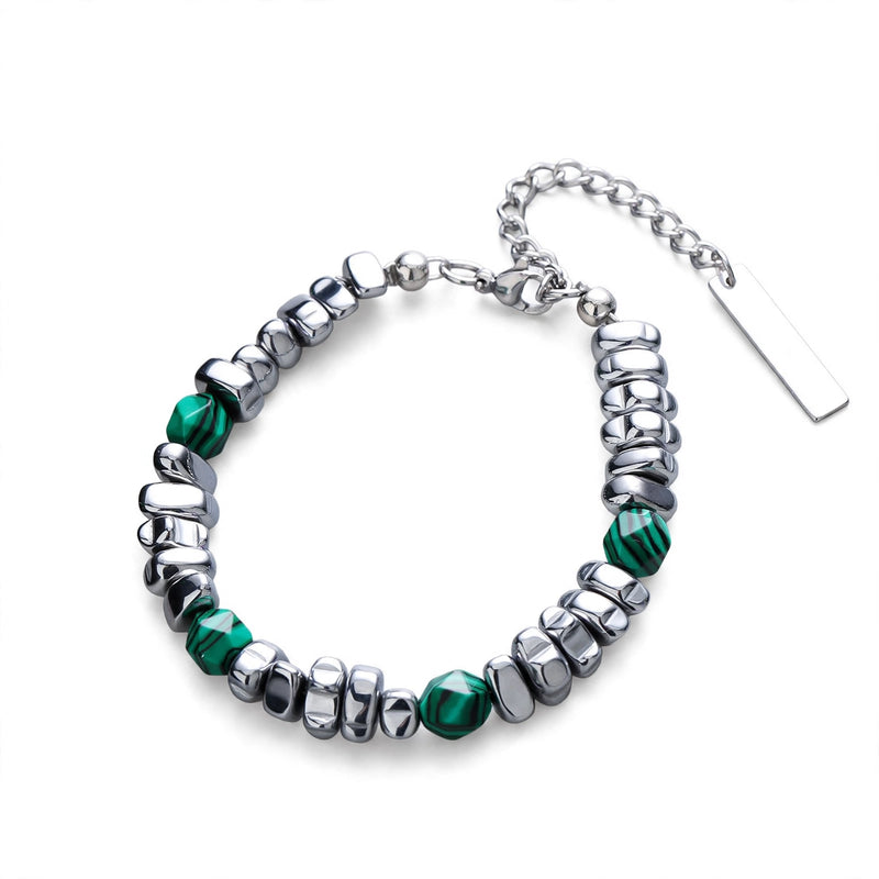 Malachite-Stone Bead and Steel Nugget Men's Bracelet