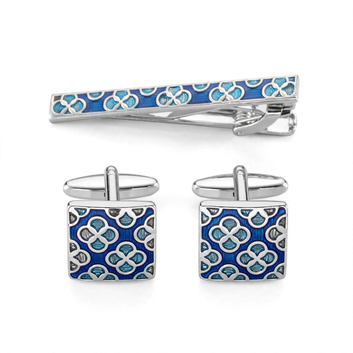 Silver-Tone Tie Clip and Cufflink Set with Blue Enamel Quatrefoil