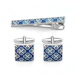 Silver-Tone Tie Clip and Cufflink Set with Blue Enamel Quatrefoil