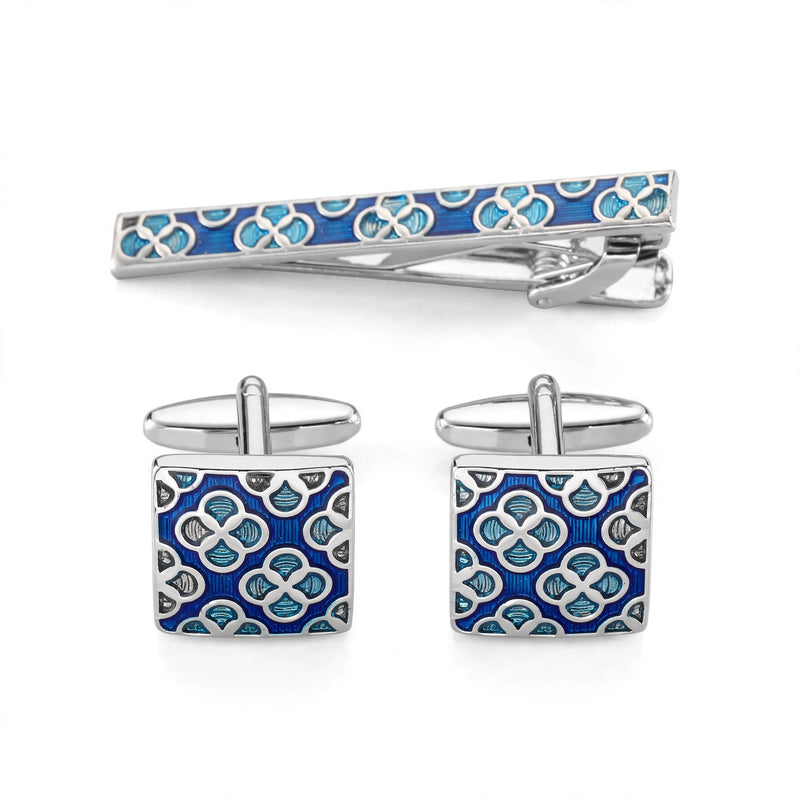 Silver-Tone Tie Clip and Cufflink Set with Blue Enamel Quatrefoil