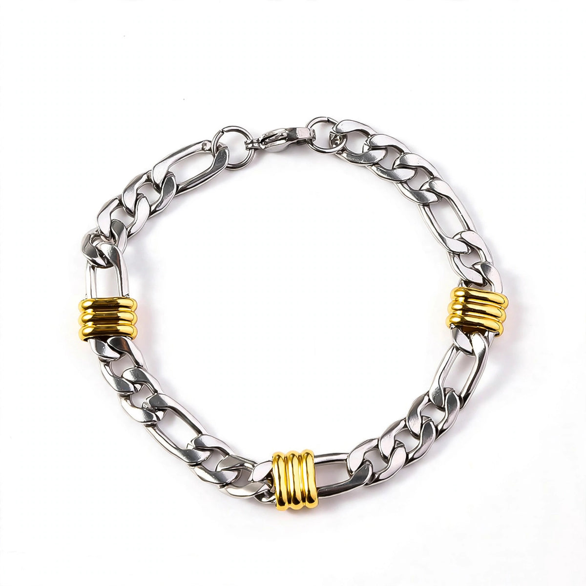 Silver-Tone Curb Link Bracelet With Gold-Tone Ribbed Stations