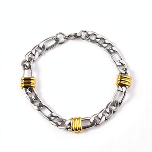 Silver-Tone Curb Link Bracelet With Gold-Tone Ribbed Stations