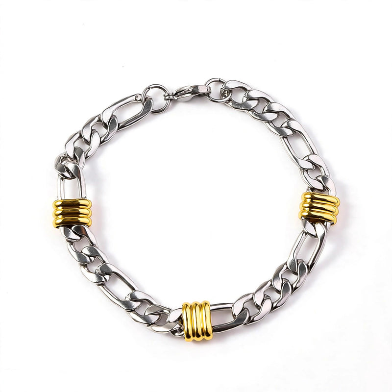 Silver-Tone Curb Link Bracelet With Gold-Tone Ribbed Stations