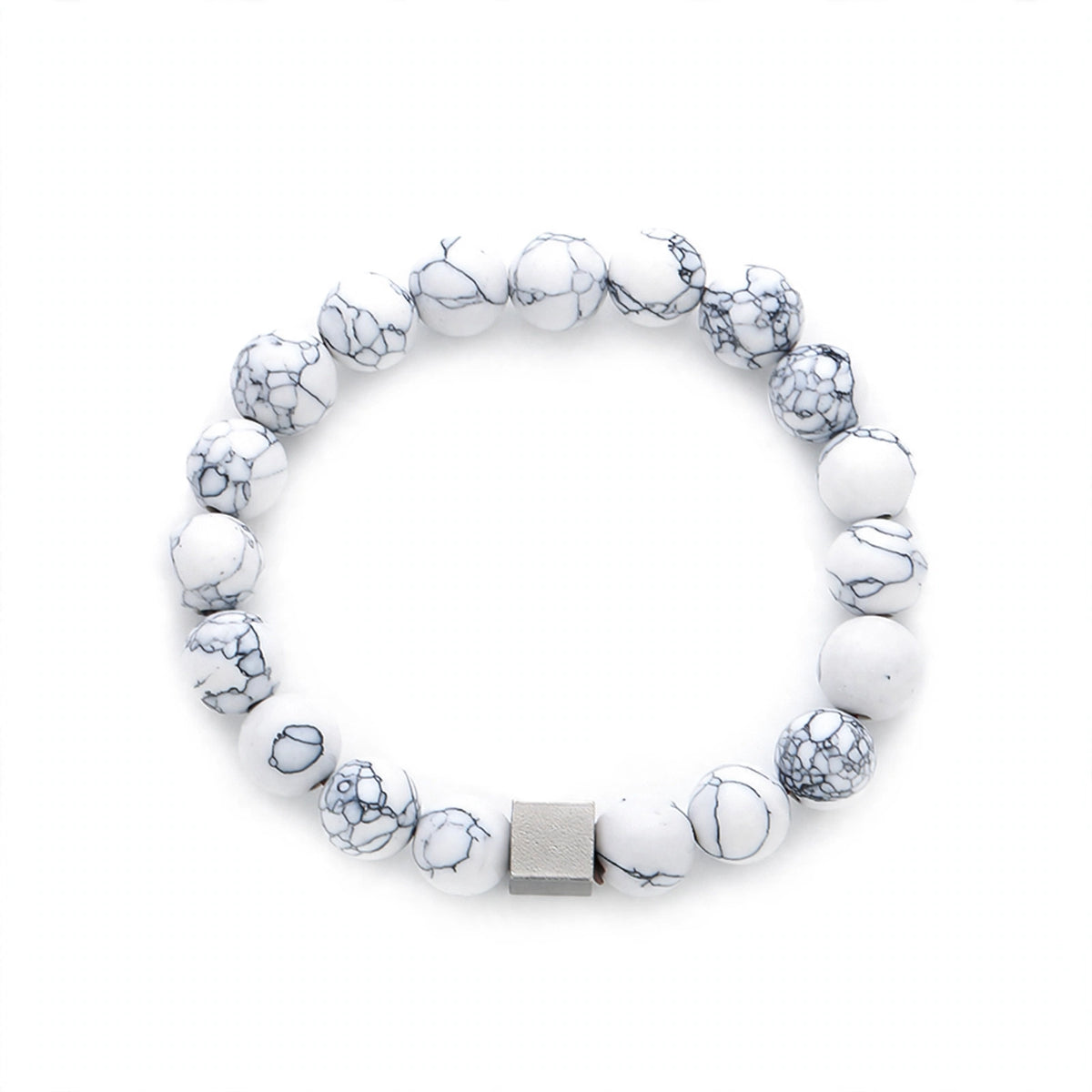 White Marble-Effect Bead Bracelet with Matte Cube