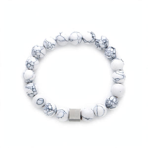 White Marble-Effect Bead Bracelet with Matte Cube