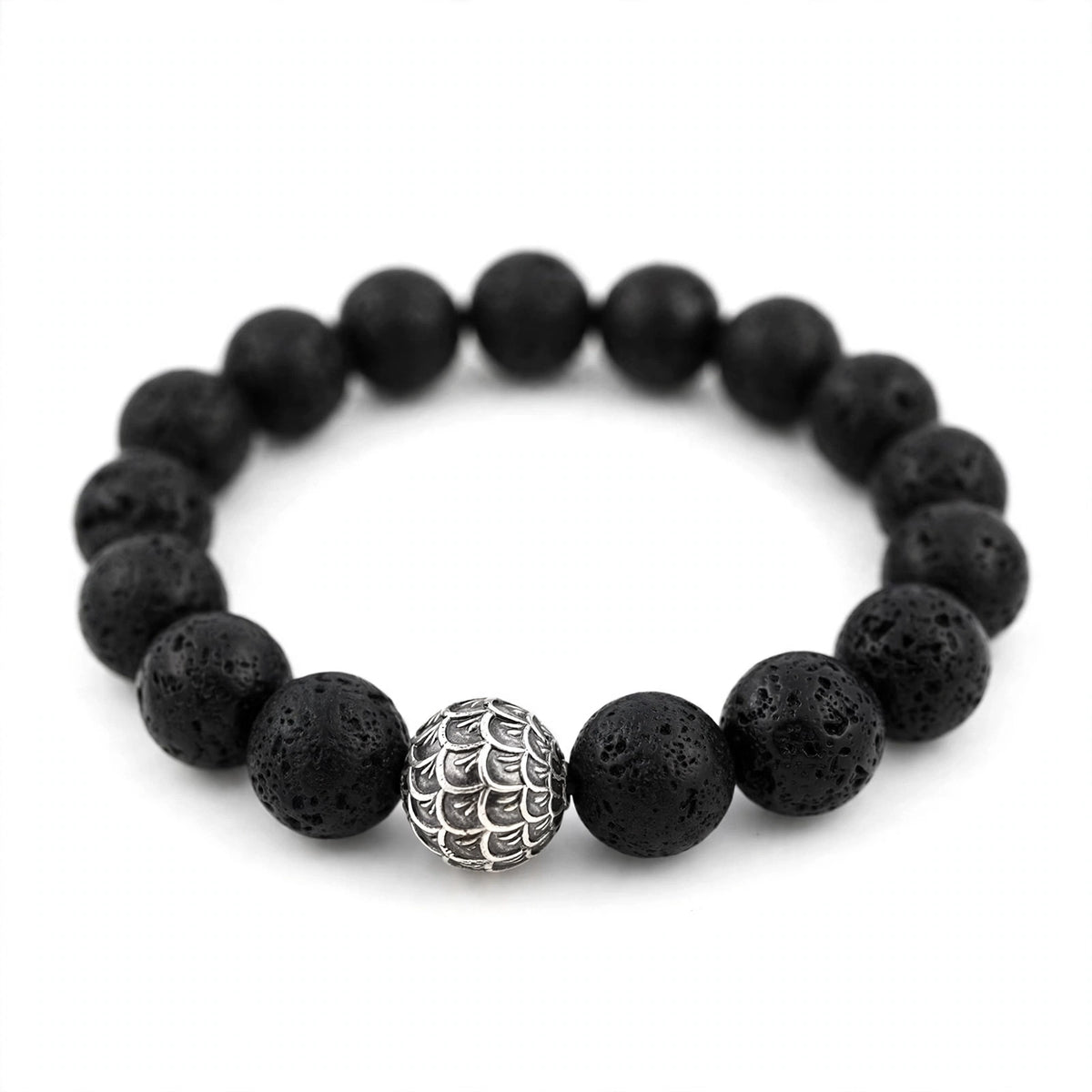 Lava Bead Bracelet With Scale-Engraved Silver-Tone Bead