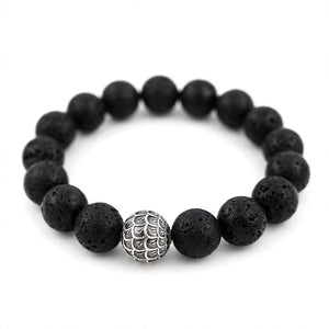 Lava Bead Bracelet With Scale-Engraved Silver-Tone Bead