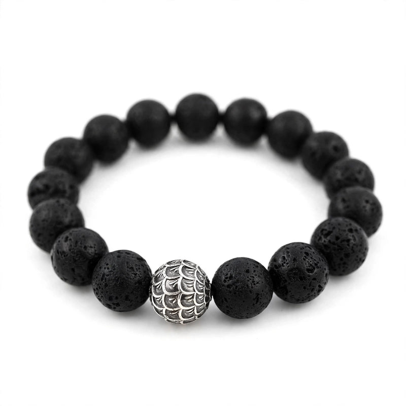 Lava Bead Bracelet With Scale-Engraved Silver-Tone Bead