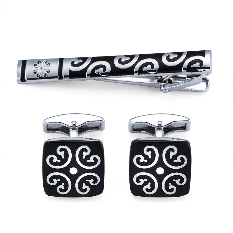 Silver-Tone Cufflink and Tie Clip Set with Scrollwork Enamel Inlay