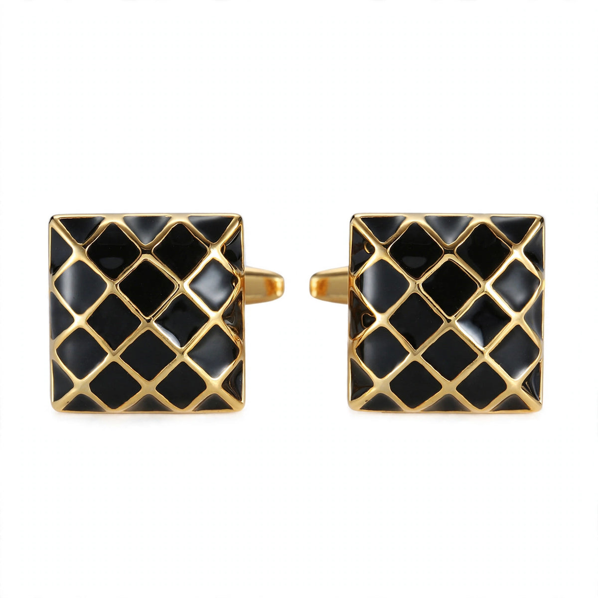 Gold-Tone Cufflinks with Black Enamel Quilted Grid