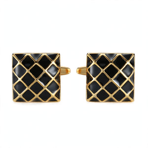 Gold-Tone Cufflinks with Black Enamel Quilted Grid