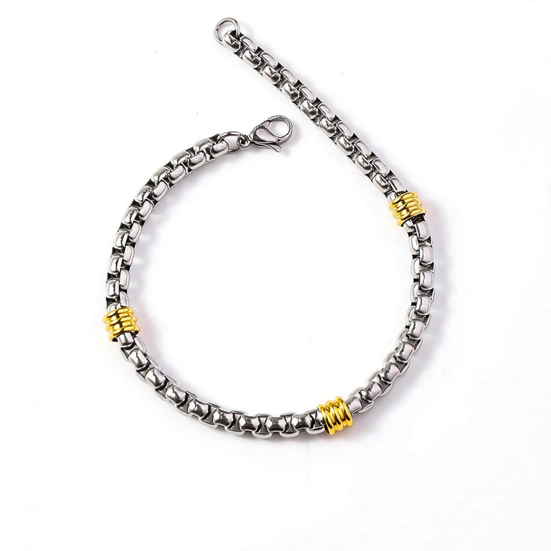 Silver-Tone Box Chain Bracelet With Gold-Tone Ribbed Stations