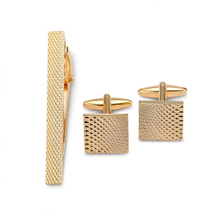 Gold-Tone Pyramid-Textured Cufflink and Tie Clip Set