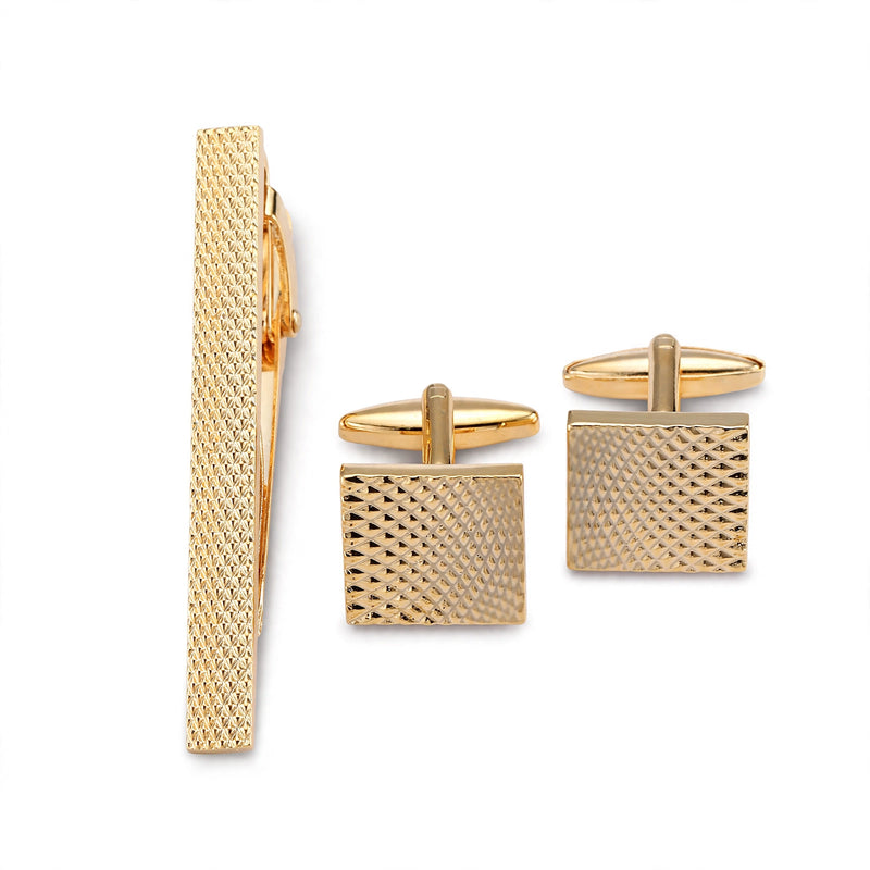Gold-Tone Pyramid-Textured Cufflink and Tie Clip Set