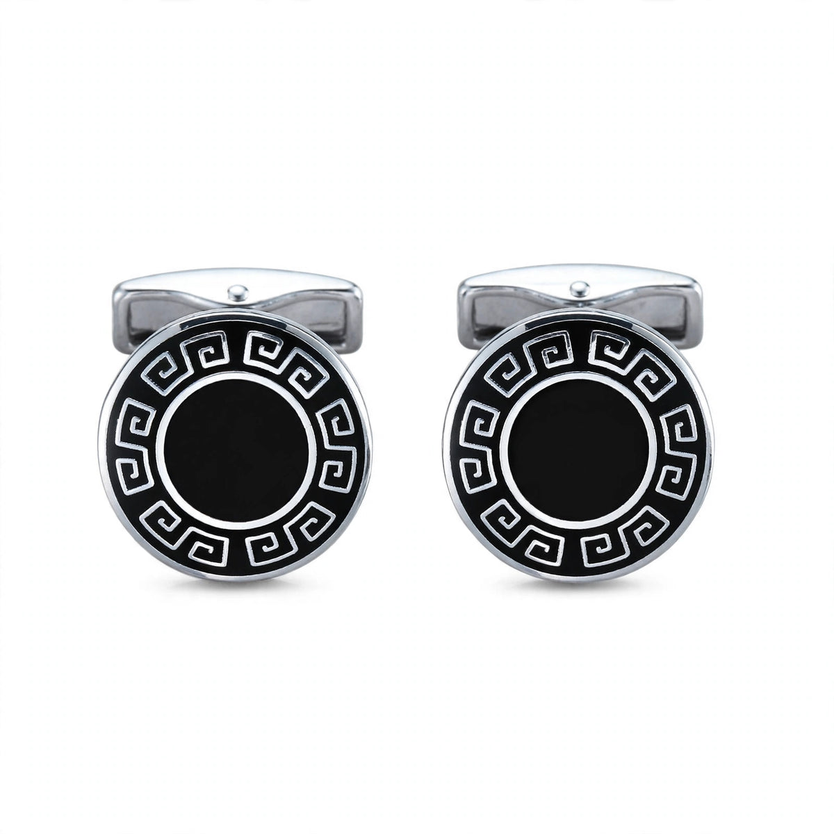 Silver-Tone Cufflinks with Black Enamel Greek Key Border
