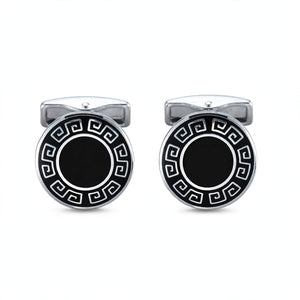 Silver-Tone Cufflinks with Black Enamel Greek Key Border