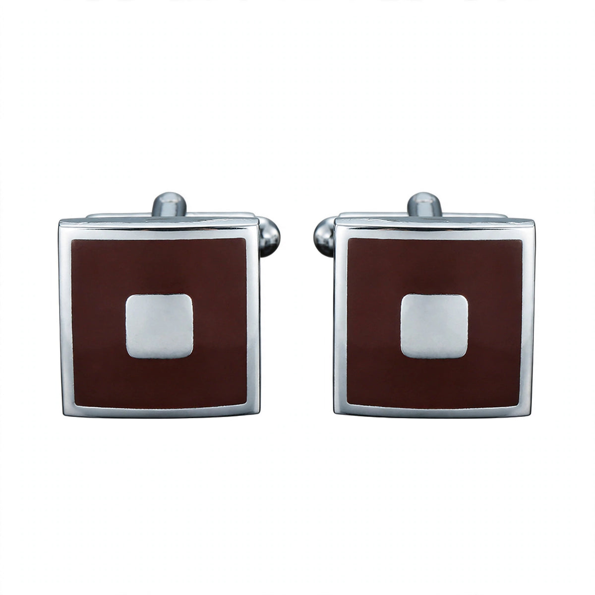 Silver-Tone Cufflinks with Brown Enamel Square
