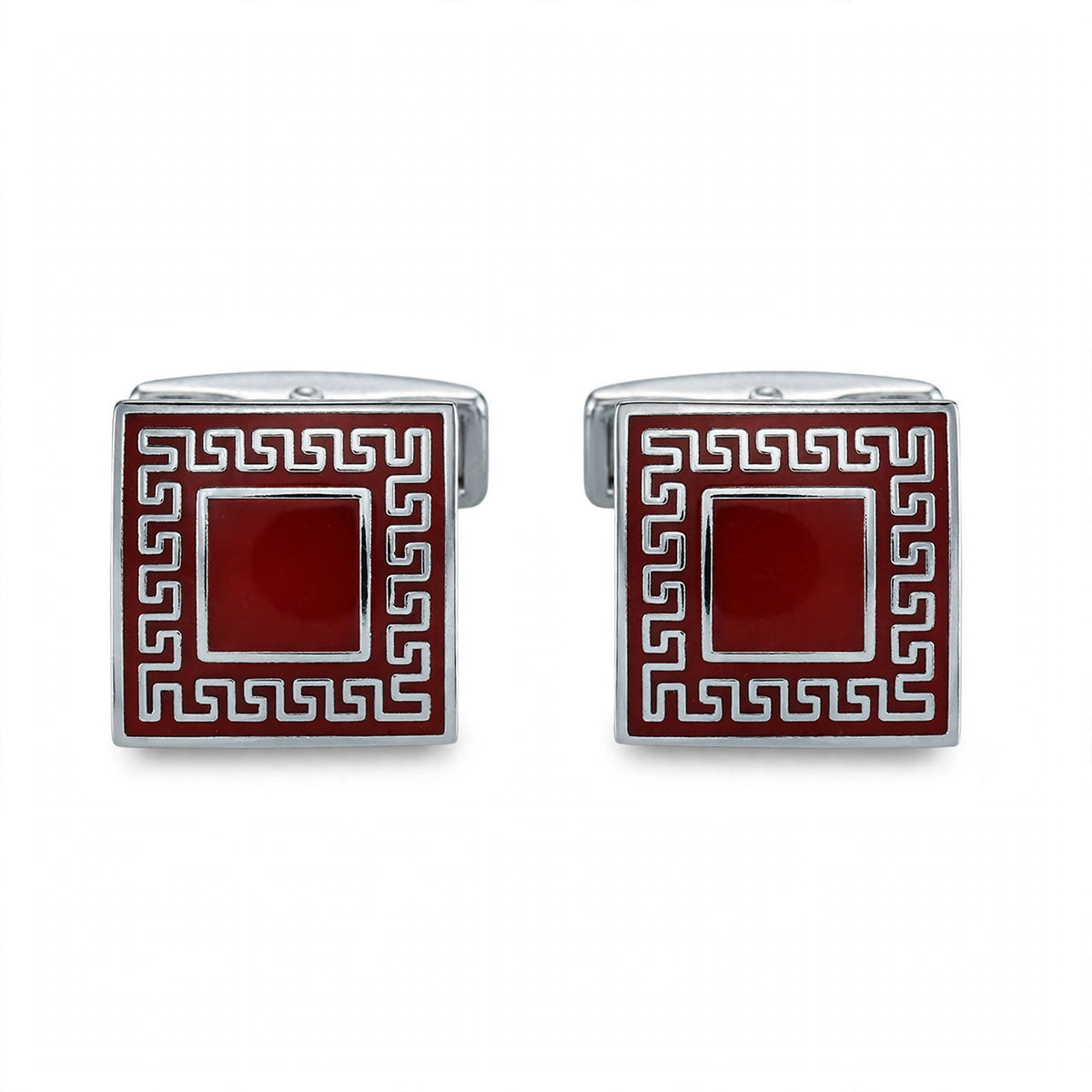 Red Enamel and Greek Key Border Cufflinks