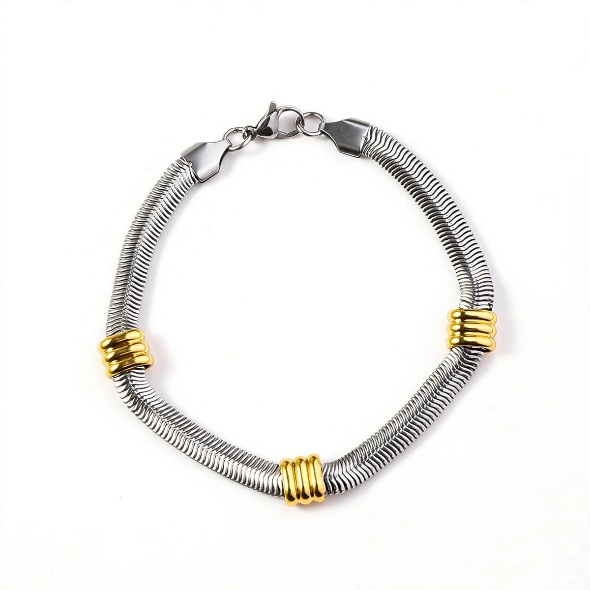 Silver-Tone Snake Chain Bracelet With Triple Gold-Tone Ring Accents