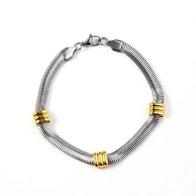 Silver-Tone Snake Chain Bracelet With Triple Gold-Tone Ring Accents