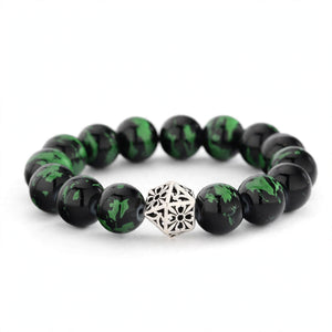 Black and Green Bead Bracelet with Openwork Silver-Tone Bead